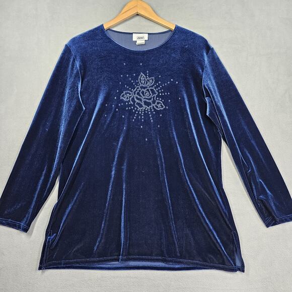VTG Velvet Tunic Top Womens Large Blue Beaded Y2K Whimsigoth Rose USA Janana's - Picture 1 of 13